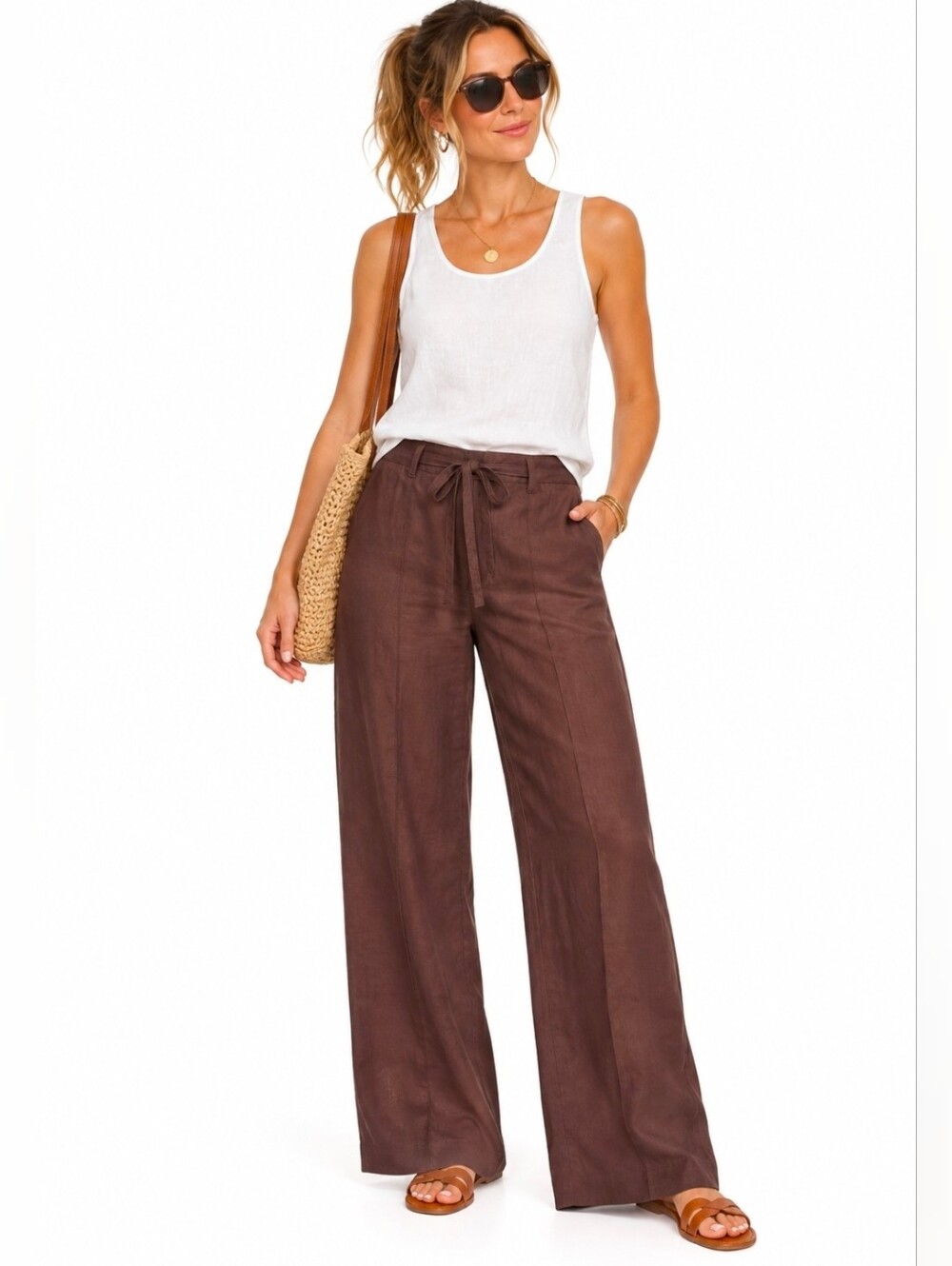 LOFT Women's Linen-Blend Brown Drawstring Flowy High-Waisted Pants, 12